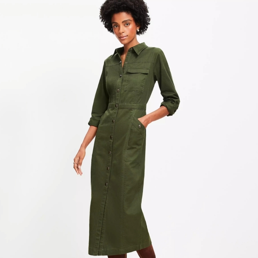 Loft Twill Midi Pocket Cotton Shirtdress Olive Greebln 0 Size 0